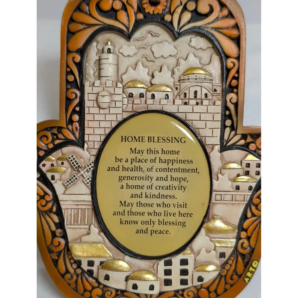 Arto Hamsa Hand Home Blessing Wall Hanging Plaque Jerusalem Relief Gold Accents